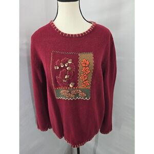 Casual Corner Annex Womens XL Burgundy Red Fall Embroidered Acorn Leaf Sweater